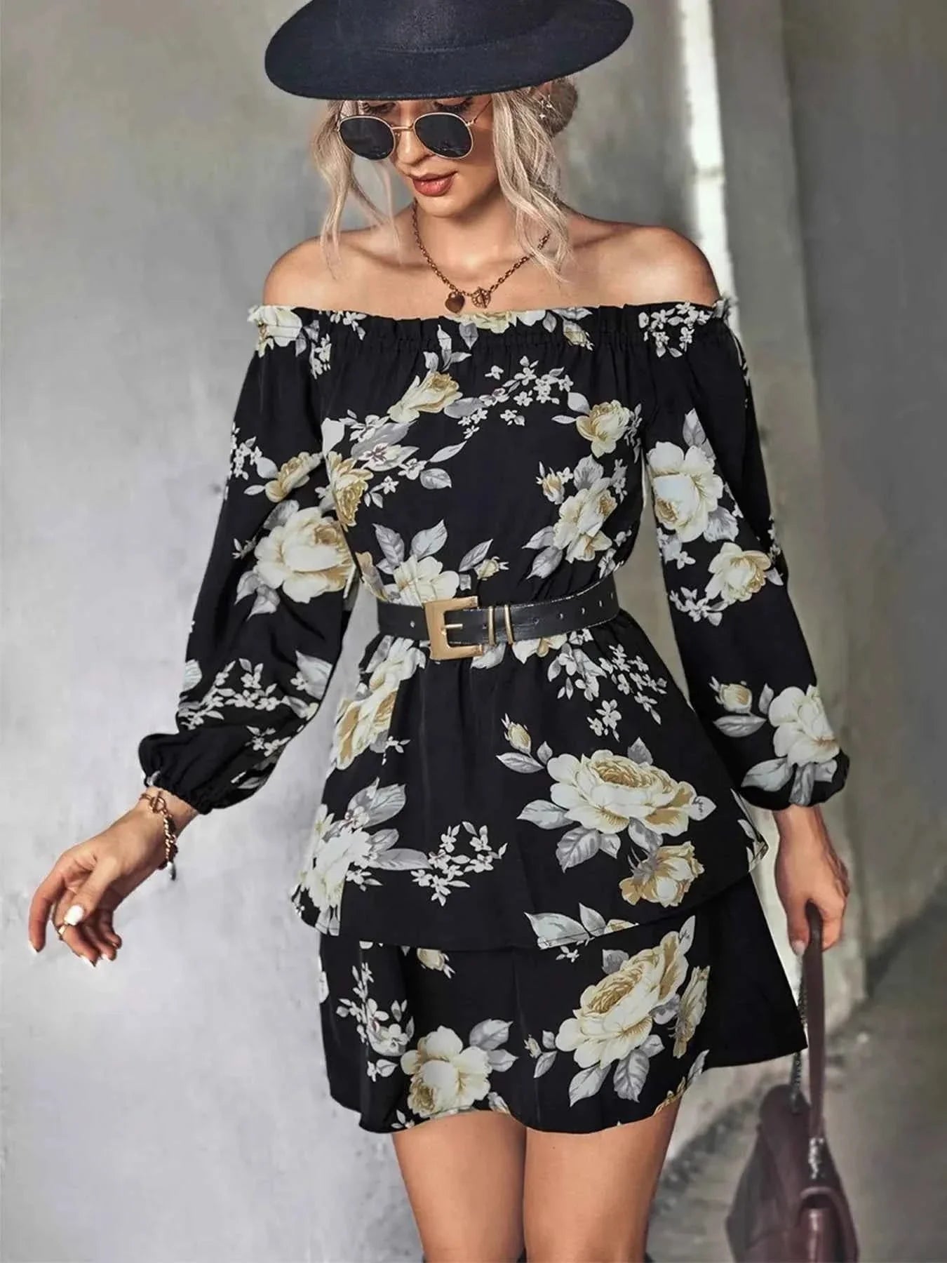 Off-Shoulder Floral Print : Long Sleeve Mini Dress