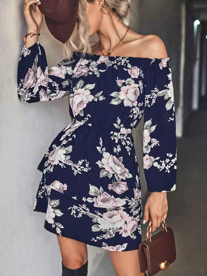 Off-Shoulder Floral Print : Long Sleeve Mini Dress