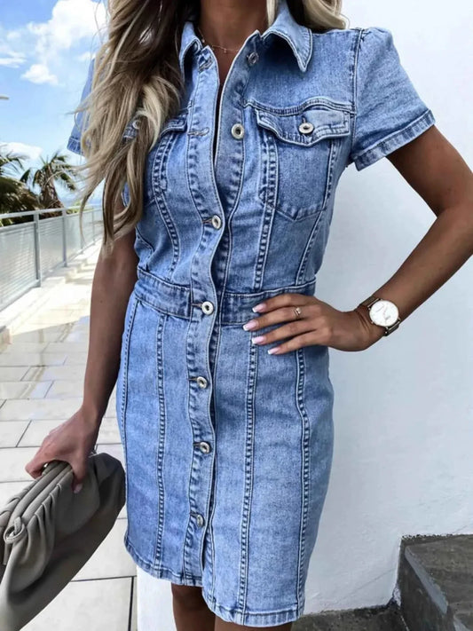Denim Button Front Dress - Short Sleeve Style