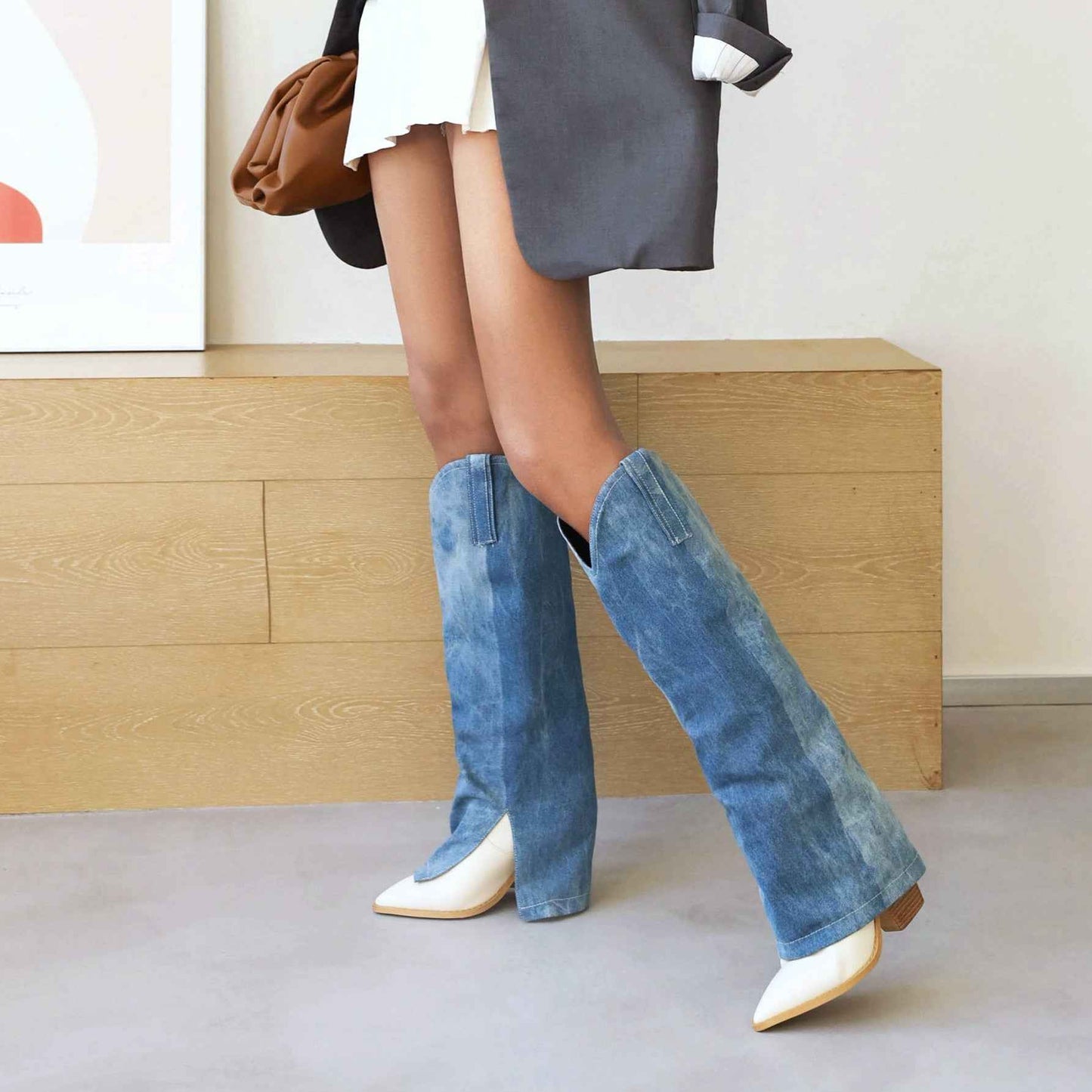 Denim Knee-Length Boots: Super High Wood Heel