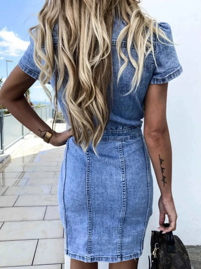 Denim Button Front Dress - Short Sleeve Style