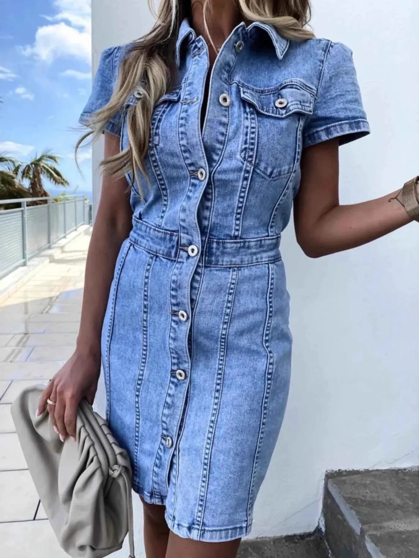 Denim Button Front Dress - Short Sleeve Style