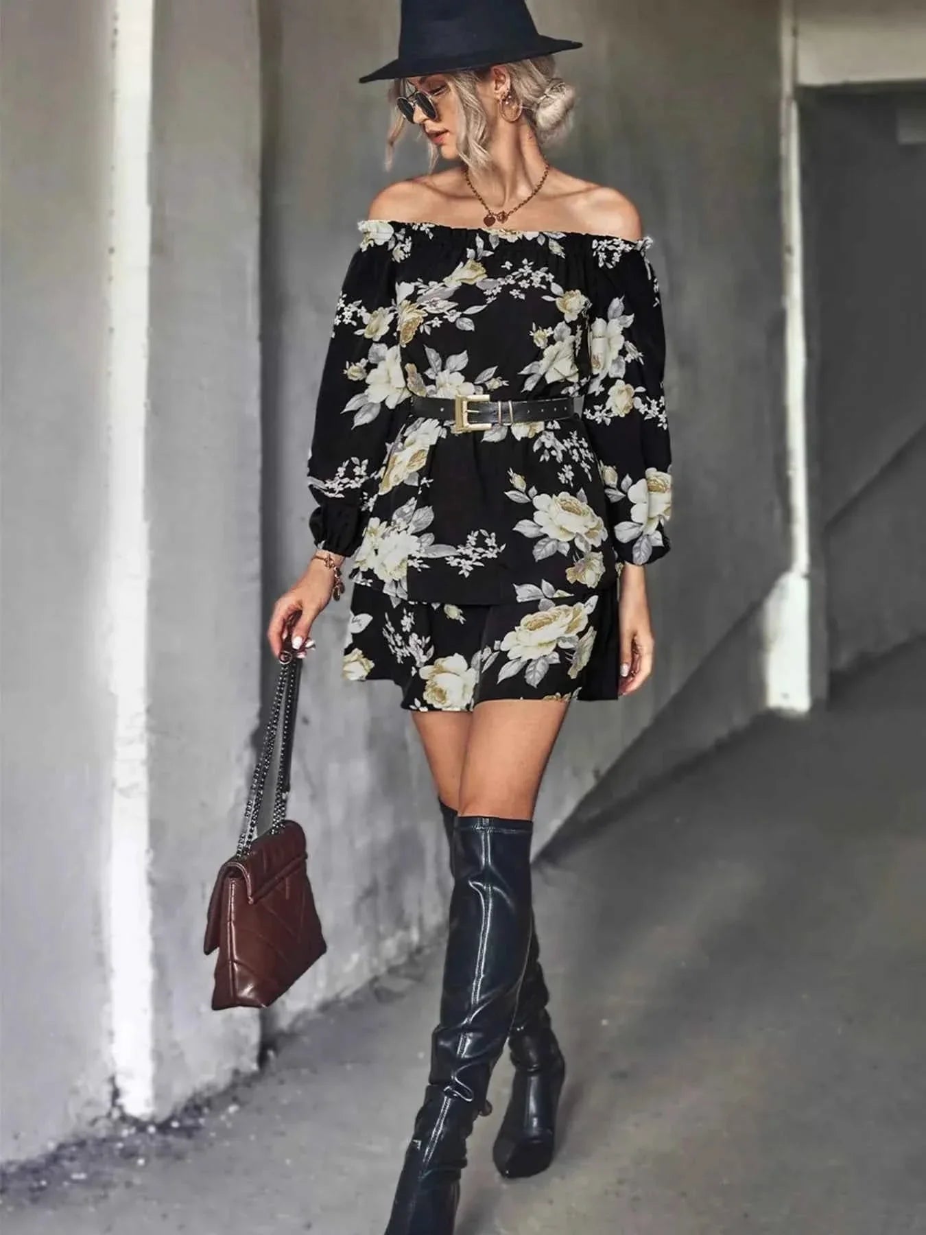 Off-Shoulder Floral Print : Long Sleeve Mini Dress