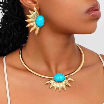 Turquoise Sunflower : Necklace and Earrings Jewelry Set