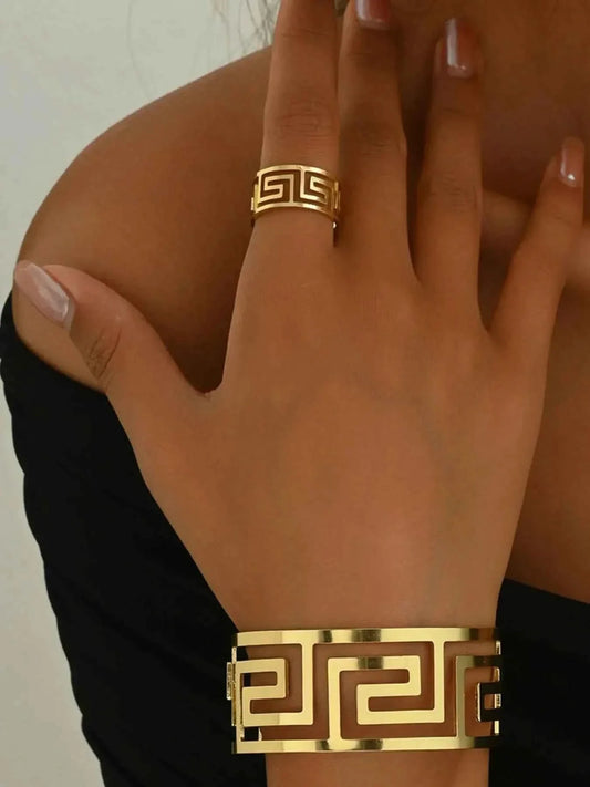 18K Gold-Plated Stainless Steel : Geometric Bracelet and Ring Jewelry Set