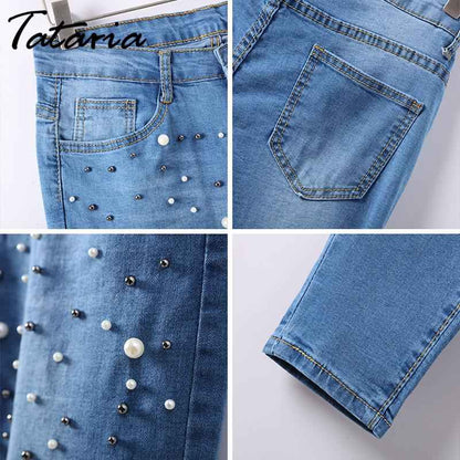 Denim Women Skinny Jeans With Pearls Pants Slim  Pearl Jeans Woman 2018 Mid Waist Pencil Jean For Women