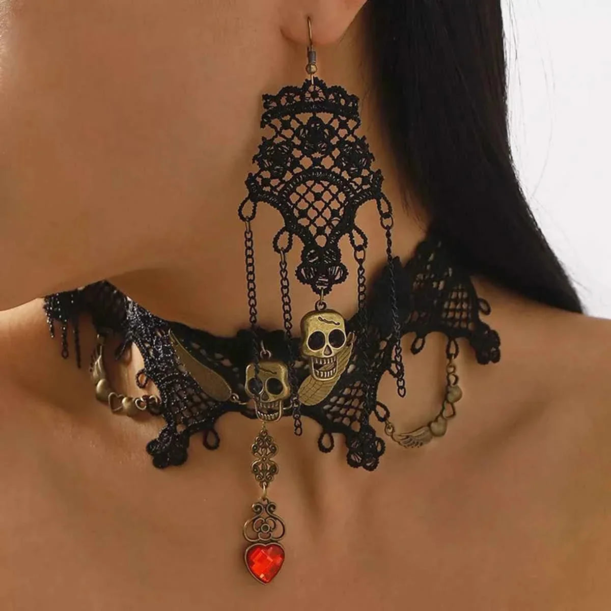 Halloween Lace Skull Necklace : Earrings Jewelry Set
