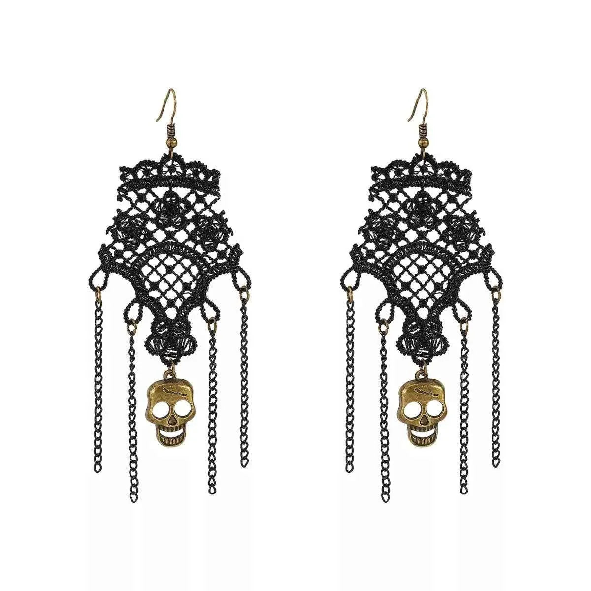 Halloween Lace Skull Necklace : Earrings Jewelry Set