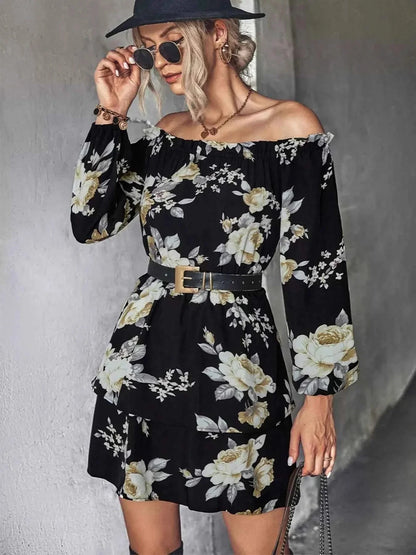 Off-Shoulder Floral Print : Long Sleeve Mini Dress