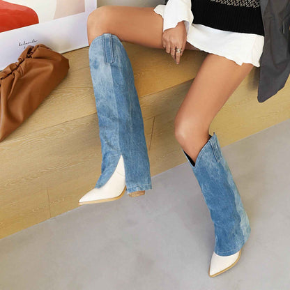 Denim Knee-Length Boots: Super High Wood Heel