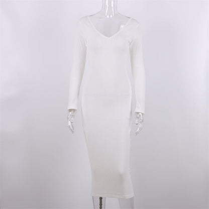 Sexy Bodycon Midi Woman Dress Knitted Long Sleeve V Neck Party Elegant Robe Women's Dresses