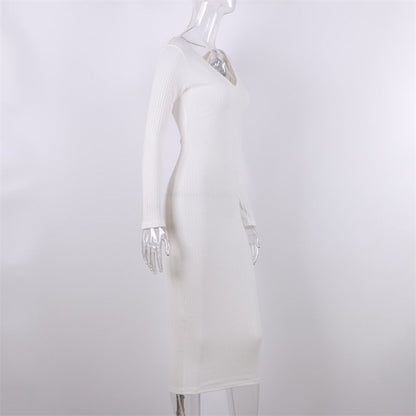 Sexy Bodycon Midi Woman Dress Knitted Long Sleeve V Neck Party Elegant Robe Women's Dresses
