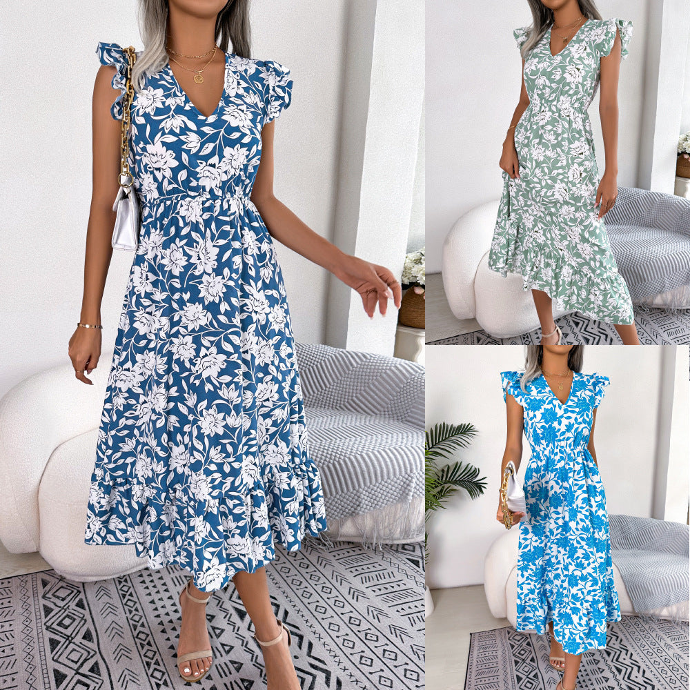 Spring and summer casual fungus edge flower waist long dress vacation dress for woman