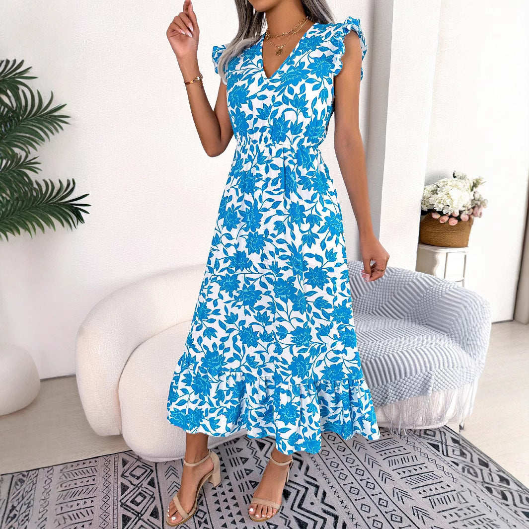 Spring and summer casual fungus edge flower waist long dress vacation dress for woman