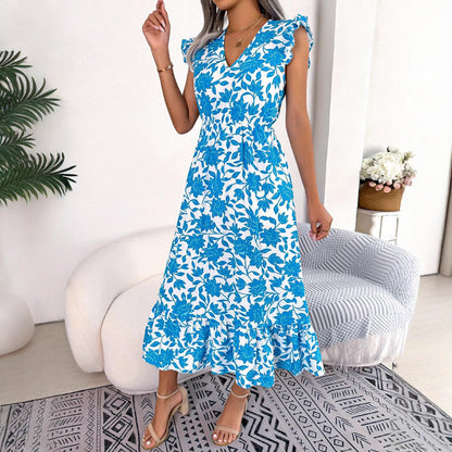 Spring and summer casual fungus edge flower waist long dress vacation dress for woman