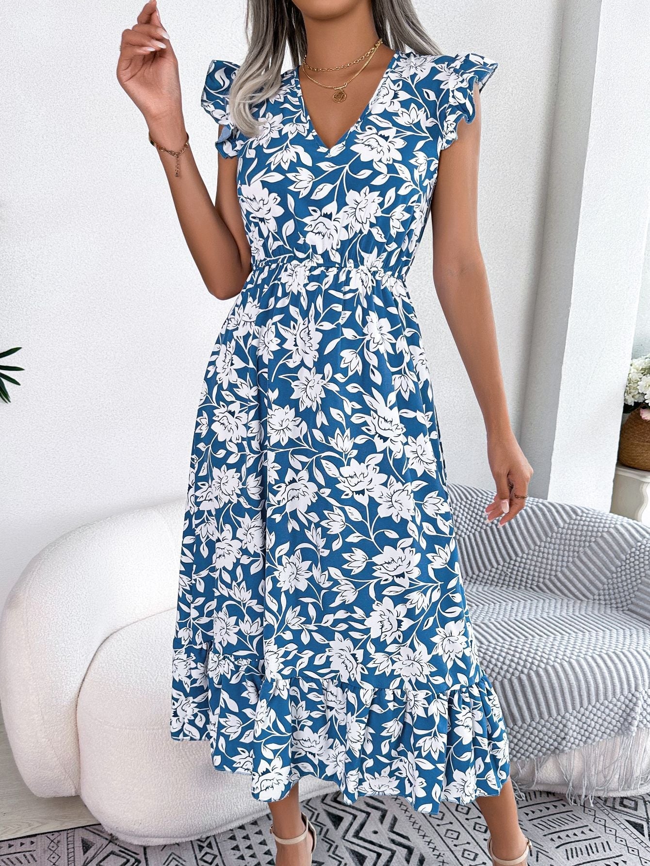 Spring and summer casual fungus edge flower waist long dress vacation dress for woman