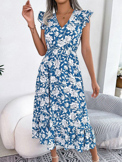 Spring and summer casual fungus edge flower waist long dress vacation dress for woman