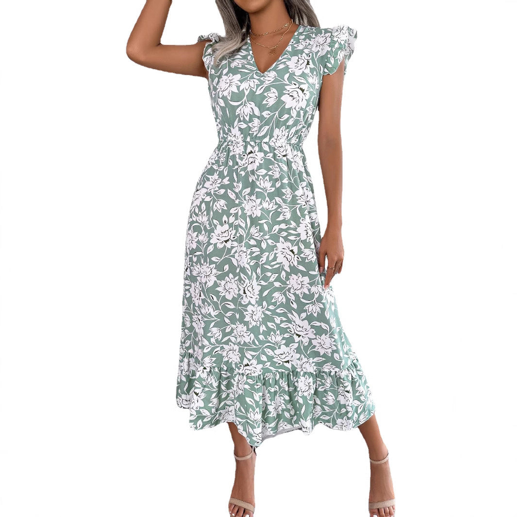 Spring and summer casual fungus edge flower waist long dress vacation dress for woman