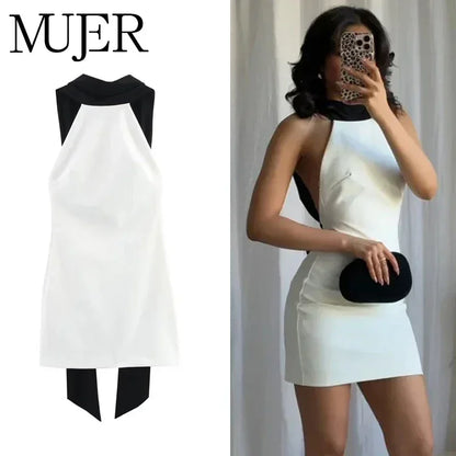 MUJER White Backless Short Dress Woman Halter Elegant Party Dresses for Women off Shoulder Mini Dress Women New in Dresses Woman