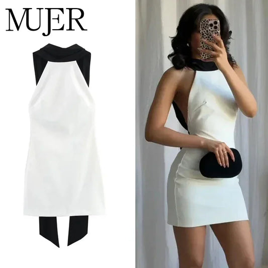 MUJER White Backless Short Dress Woman Halter Elegant Party Dresses for Women off Shoulder Mini Dress Women New in Dresses Woman