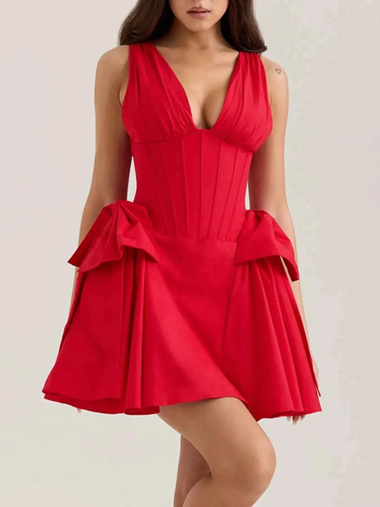 Bow V-Neck Sleeveless : Mini Dress