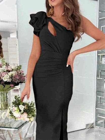 Cutout One Shoulder Ruffle : Split Dress
