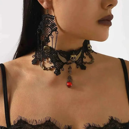 Halloween Lace Skull Necklace : Earrings Jewelry Set