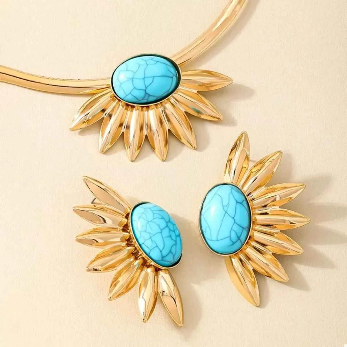 Turquoise Sunflower : Necklace and Earrings Jewelry Set