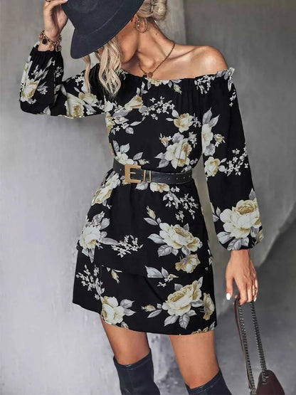 Off-Shoulder Floral Print : Long Sleeve Mini Dress