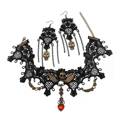 Halloween Lace Skull Necklace : Earrings Jewelry Set